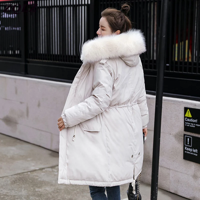 Zqlz зимняя куртка Женская Толстая теплая парка с капюшоном и воротником из