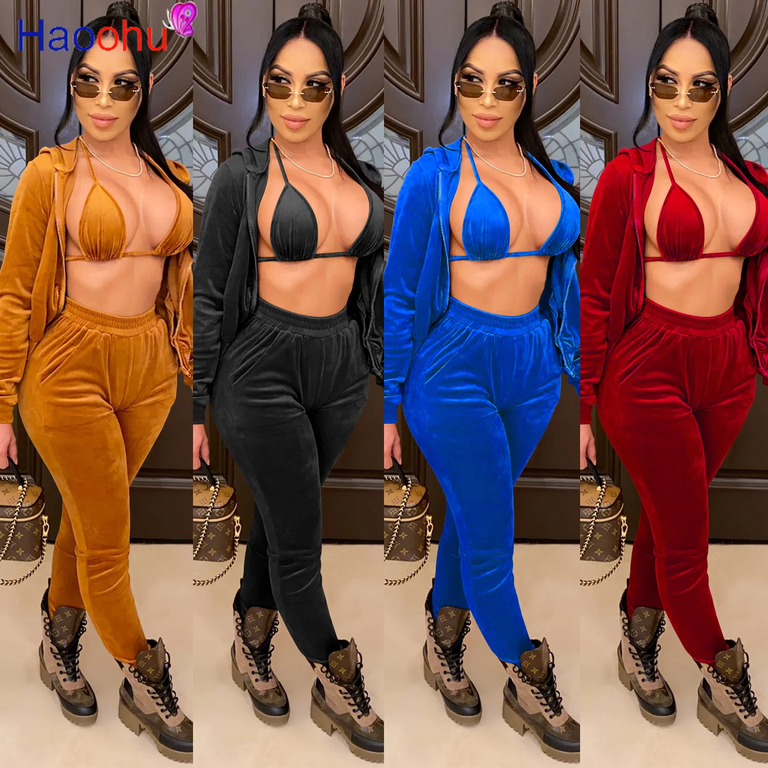 

HAOOHU Velvet sexy Sweatsuit Women's Set Hooded Jacket +Bra Top+ Jogger Pants Set ActiveTracksuit Three 3Piece Outfit Sets