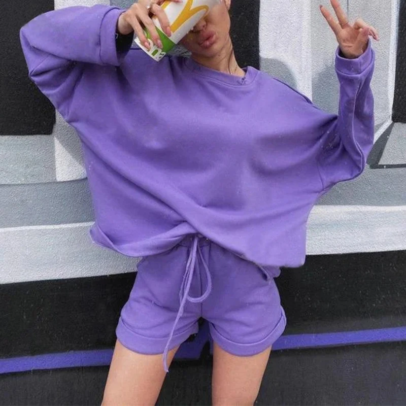 

Purple Tracksuit Women Set Two Piece Plus Size Fashion Tops and Shorts Korean Autumn Long Sleeve Pullovers Outfits Sweatsuits