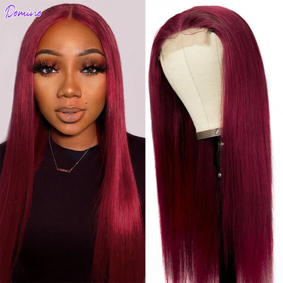 99J Red Burgundy Straight Hair Lace Front Wig With Natural Human Hairline Wigs  180% Remy Human Hair T-Part Wigs