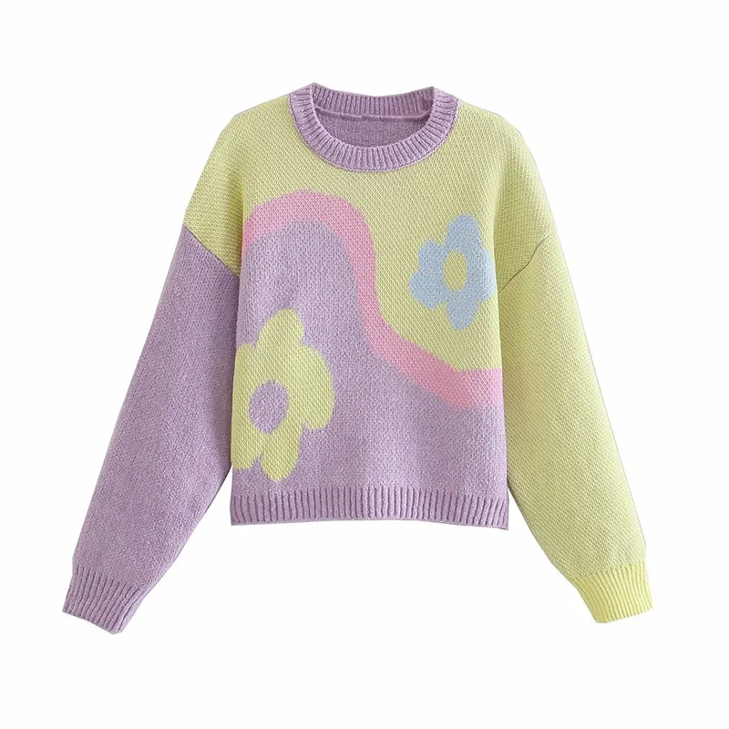 

2021 Autumn Floral Jacquard Sweater Woman Long Sleeve O Neck Cute Knitted Top Womens Chic Streetwear Fitted Knit Pullover