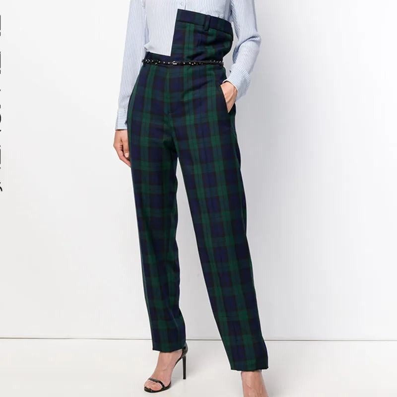 Женские брюки с асимметричной талией зеленые винтажные в клетку модель R813