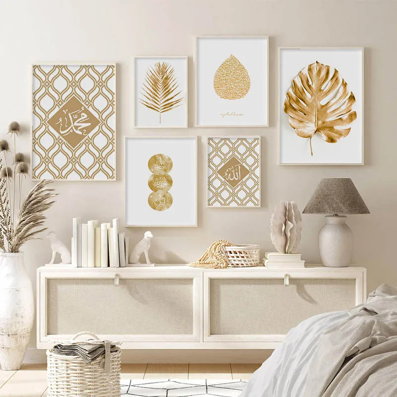 

Canvas Painting Wall Art Nordic Bedroom Living Room Wall Decor Golden Leaf Yellow Muslim Wall Decor Posters Home Decor Pictures