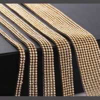 8rows gold crystal rhinestone chain trim hotfix glass gold base rhinestone ribbon clear rhinestone tape trim iron on shoes
