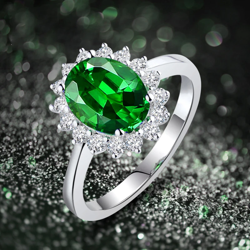 

Charm Female Emerald Green Stone Ring 100% Real 925 Sterling Silver Engagement Ring Vintage Oval Crystal Wedding Rings For Women