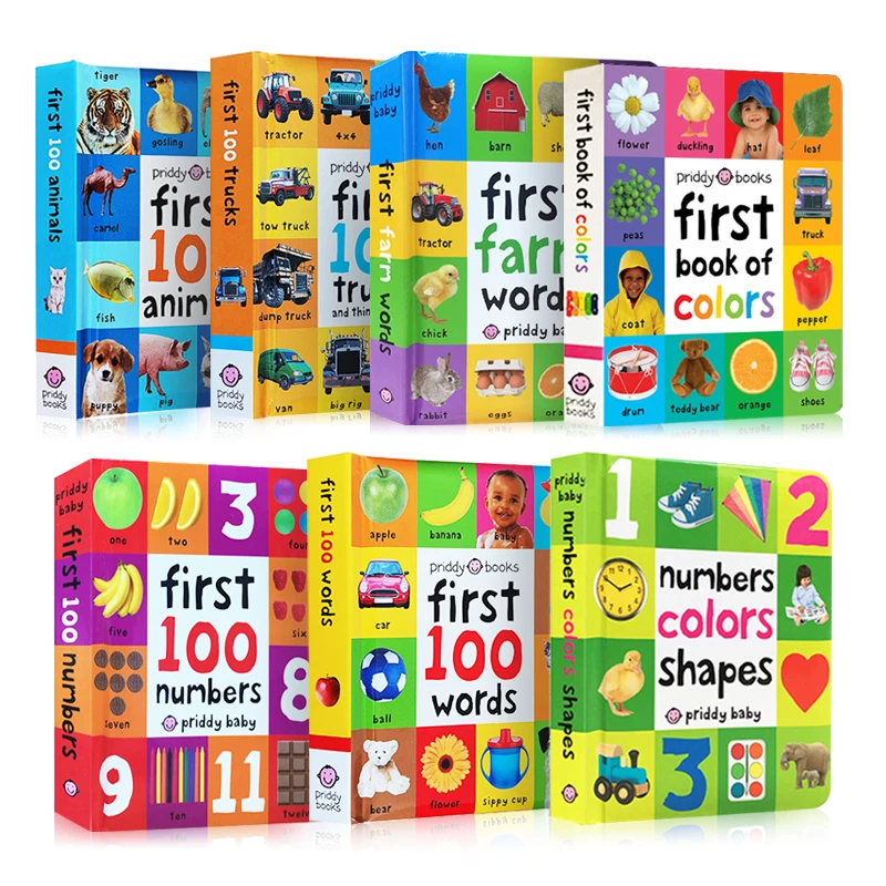 

7Books for Children Early Education First 100 Animals Words English Hardcover Board Book Learning Flash Cards for Kids Abc Toys