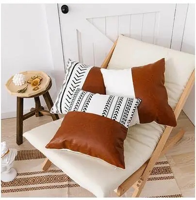 

Leather canvas stitching pillowcase black and white printing living room sofa cushion cover new home decoration pillowcase