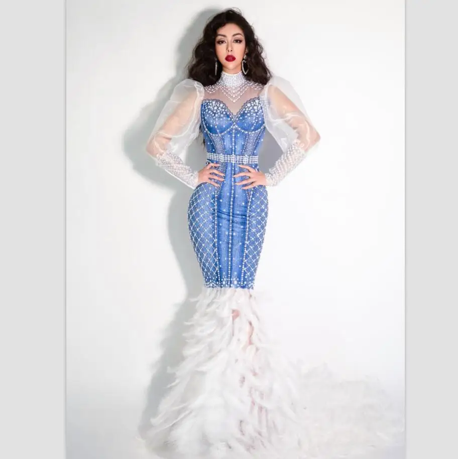 

Сверкающие стразы, перламутровое Перо хвоста, длинное платье для женщин, платье на день рождения, праздничное платье, вечерние платья для та...