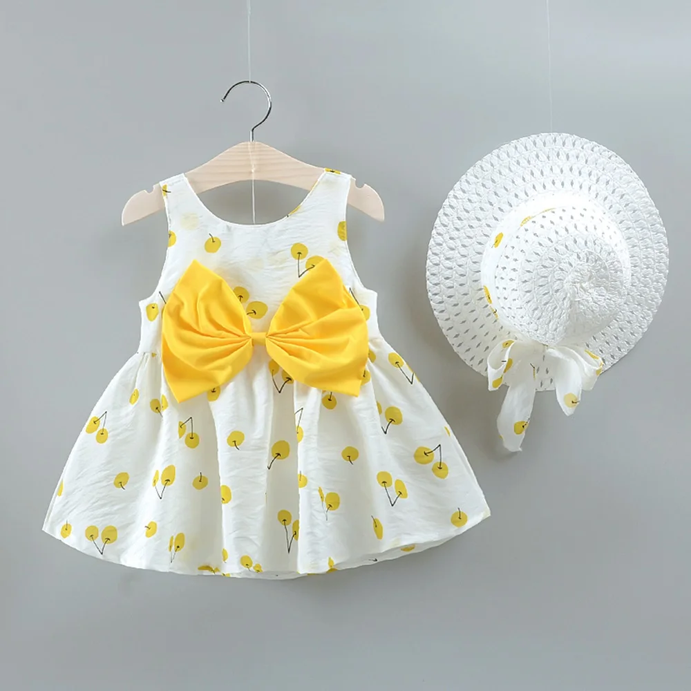 2019 New Baby Girl Clothes Dress+Hat Beach Dot Floral Cherry Summer Cotton Princess Clothing Children Kids Dresses | Детская одежда и