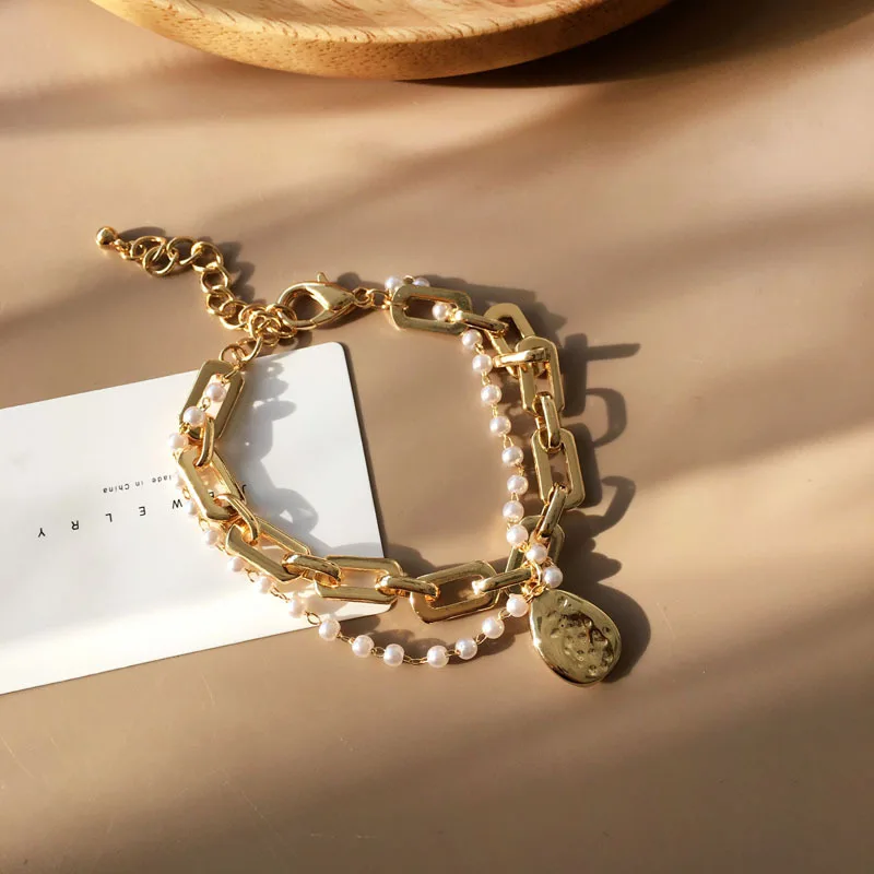

Personalized Hip Hop Trend Double Layered Folding Bracelet Femme Temperament Pearl Bracelet For Women Charm Bracelets For Girls