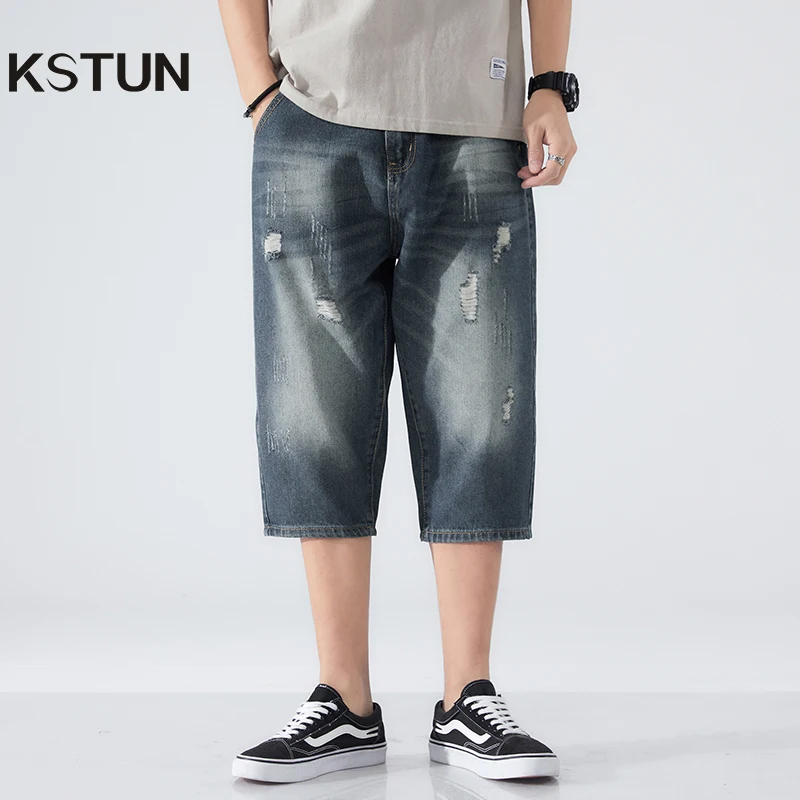 

Capri Pants Jeans Men Cropped Trousers Dark Blue Hip Hop Distressed Retro Moto & Biker Jeans Loose Knee Length Men's Clothing