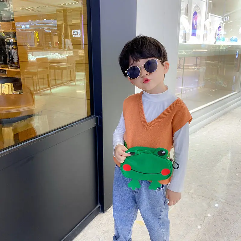 

3D Canvas Children Shoulder Bags Cartoon Kids Messenger Bags Cute Animal Frog Crossbody Bags for Baby Girls Boys Mini Coin Purse