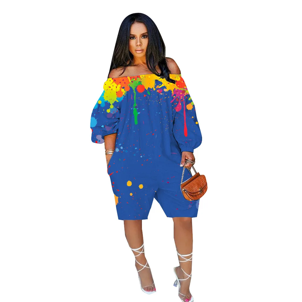 

Painting Printing Women Party Jumpsuits Summer Autumn Slash Neck Long Sleeves Loose Casual Streetwear Rompers Knee Length Hot