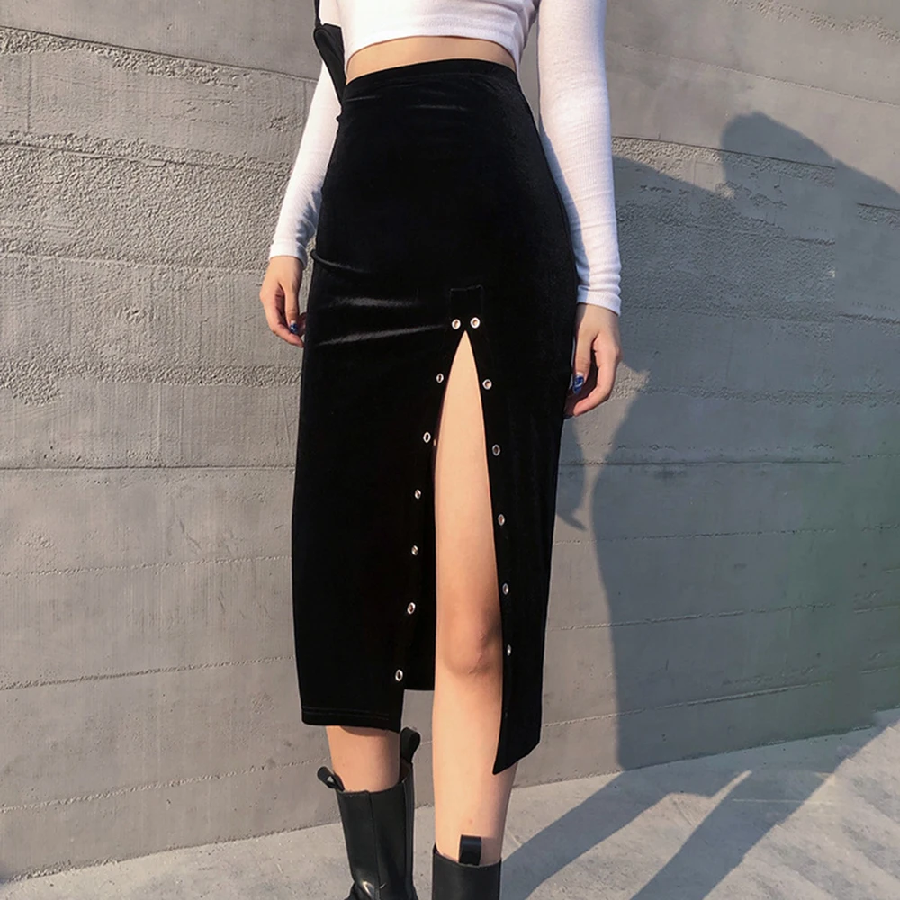 

Black Velvet Asymmetric Slit Midi Skirt For Women 2021 High Waist Ladies Casual Spring Summer Clothes Vintage Elegant Skirts