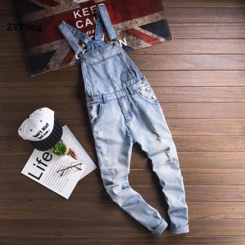 2020 New Style Men's Light Blue Ripped Jeans Jumpsuits Hi Street Distressed Denim Bib Overalls For Man Suspender Pants S-6XL