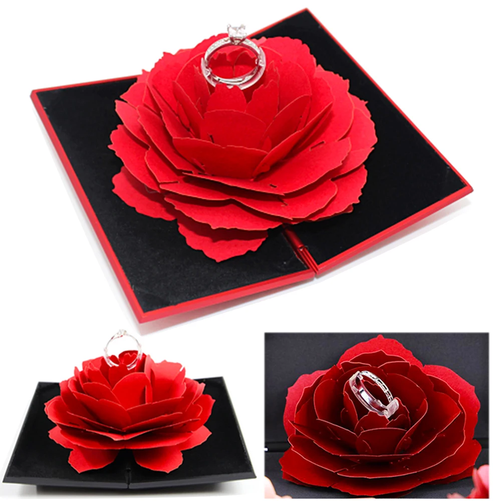 3D всплывающие кольца с красной розой коробка для помолвки предложение свадьбы