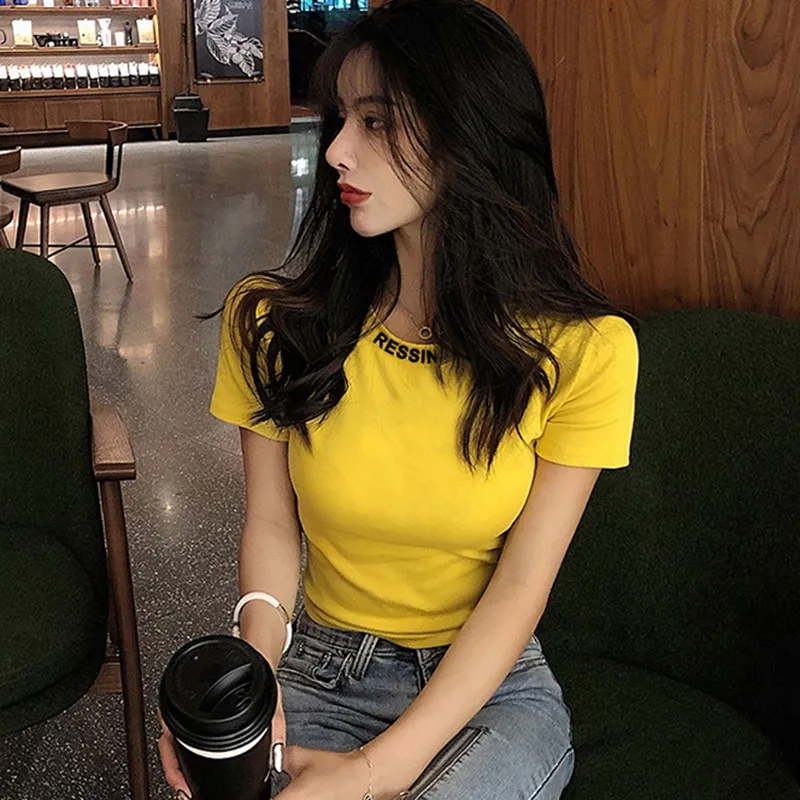 

T-shirt Korean Solid Color Fashion Wild Tops Cute Letter Printed Bodycon O-Neck New Summer Short Sleeve Tops