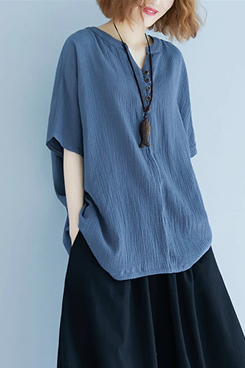 

women's T-shirt Solid color Button fiteing Casual Large size suave Short sleeves Top DM001