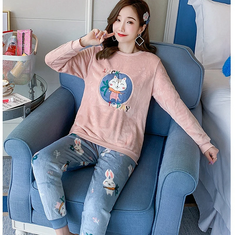 

New Winter Flannel Warm Pajamas Korean Kawaii Cartoon Pajama Set Fashion Pijama Mujer Leisure Home Cloth Pyjamas Women Sleepwear
