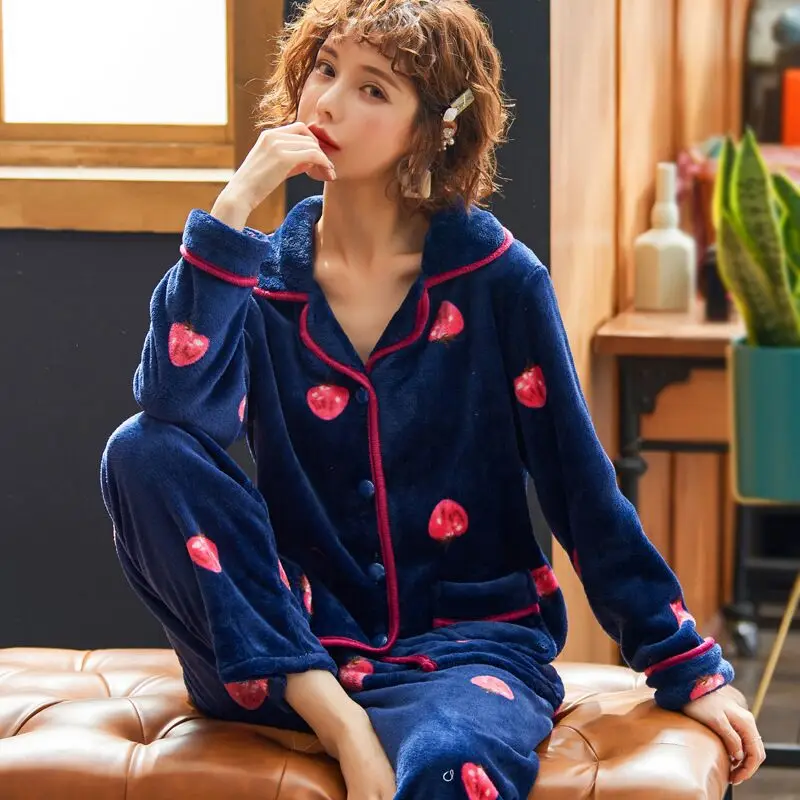 

2020 Winter Pajamas Set Women Sleepwear Warm Flannel Long Sleeves Pajamas Soft Ladies Homewear Thick Home Suit