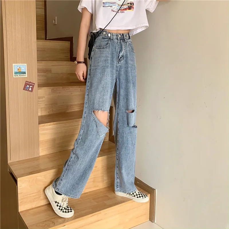 

2021 Spring New Jeans Women's Design Sense Ripped Versatile Loose High Waist Slimming Wide Leg Pants Trousers Ins