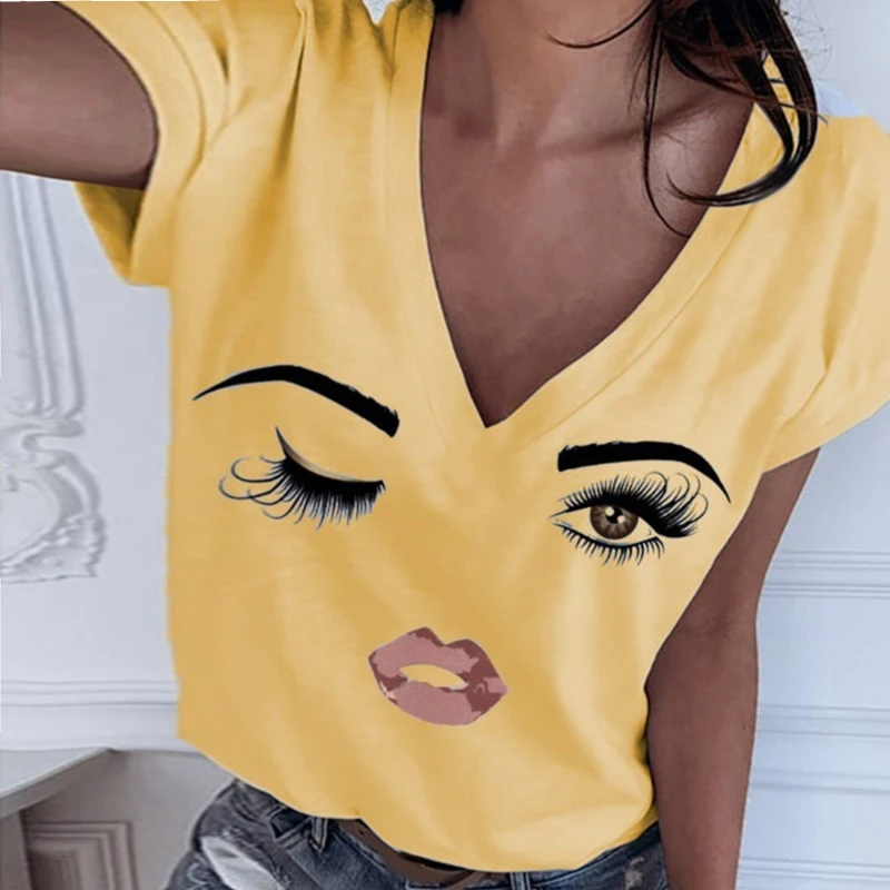 

2021 Summer S-2XL Eyebrows Eyes Deep V-neck Women's T-shirt New Solid Casual Women's Tops Short Sleeve Tshirts Funny