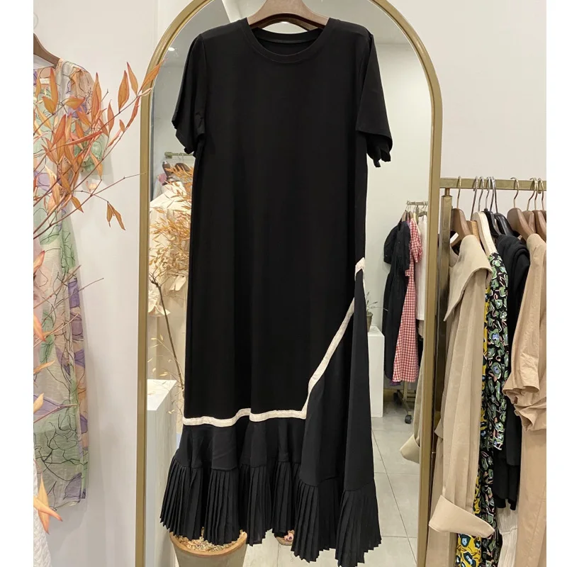 

Summer Dress 2021 Vintage Loose O Neck Short Sleeve Cotton Dress Women Casual Loose Hem Pleated Patchwork Dress Vestido Feminino