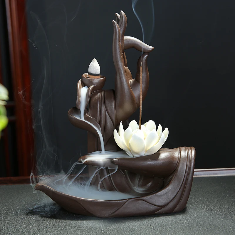 

Buddha Ceramic Incense Burner Hand Backflow Zen Incence Burner Smoke Room Fragrance Waterfall Wierrook Brander Decoration EF50XL