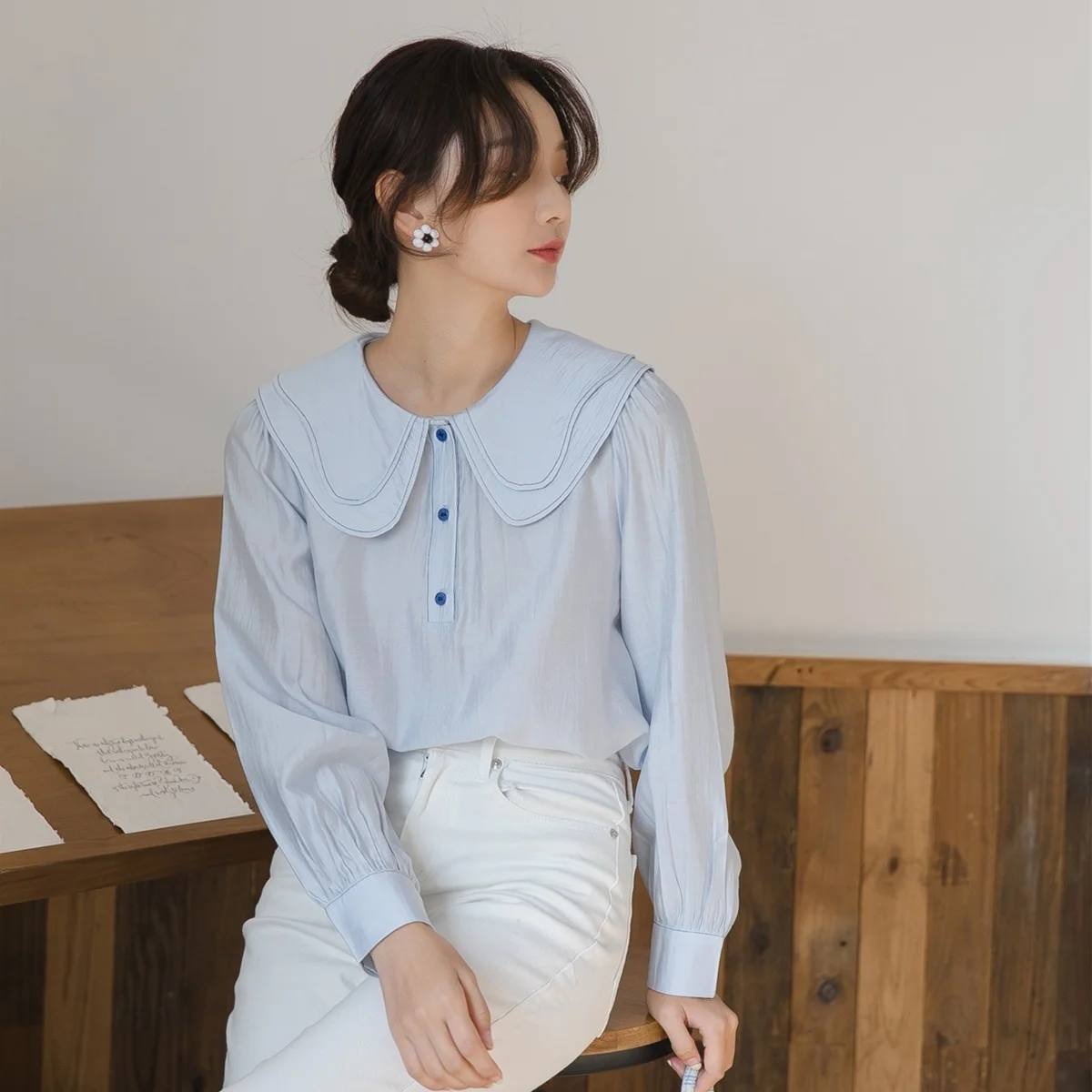 

Осень/Зима 2021, новый дизайн, стильная рубашка, нишевая рубашка с двойным кукольным воротником и длинным рукавом для женщин