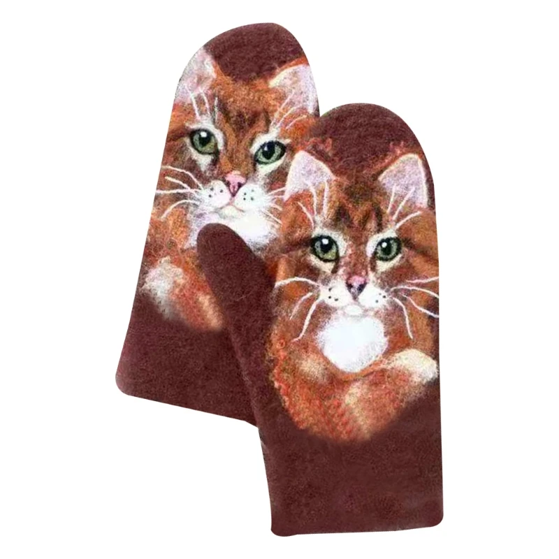 

Женские перчатки из искусственного кашемира, теплые варежки с 3D рисунком волка и цветов, Q1QA