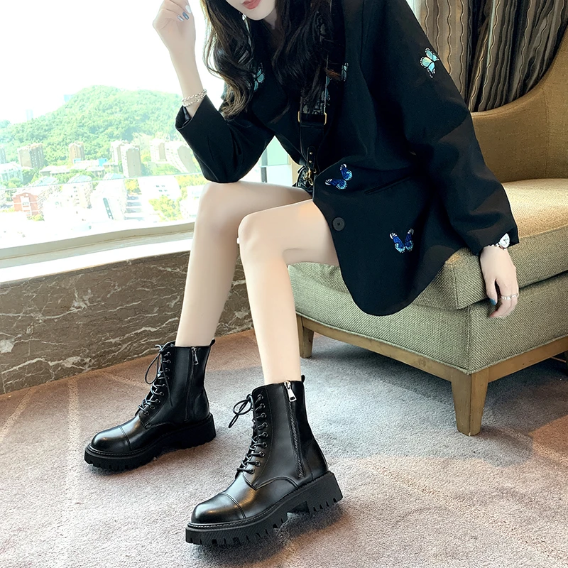 

Ankle Boots Women Shoes Leather Female Chunky Motorcycle Boots 2021 Fashion Round Toe Ladies Platform Botas Chaussure Femme
