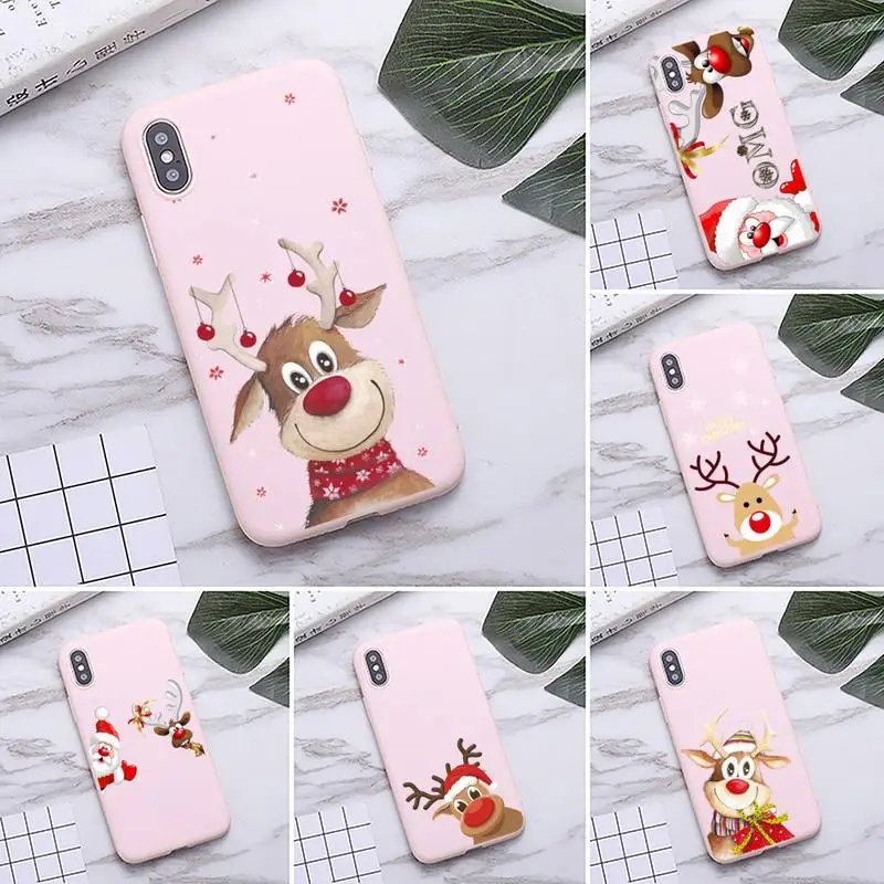 

New year Merry christmas elk snowflake Phone Case for iPhone 11 Pro Max X XR XS 8 7 6s Plus Matte Candy Pink Silicone Cases