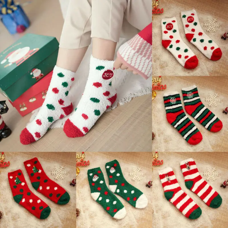 Женские зимние теплые носки для девочек полосатые рождественские пушистые