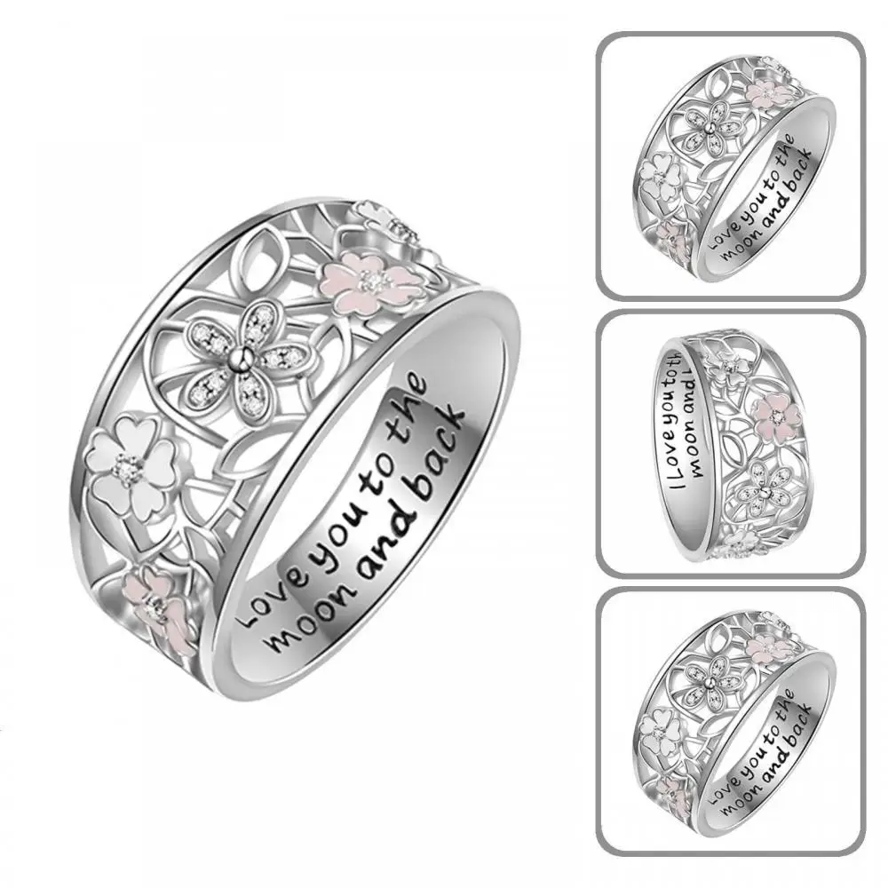 

Love You To The Moon And Back Hollow Flower Rhinestone Inlaid Bride Wedding Ring