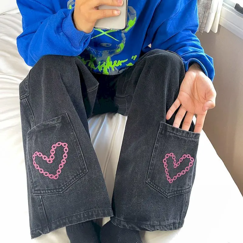

Japanese pants women love print all-match black wide leg jeans denim high waist pockets mopping trousers Harajuku female clothes
