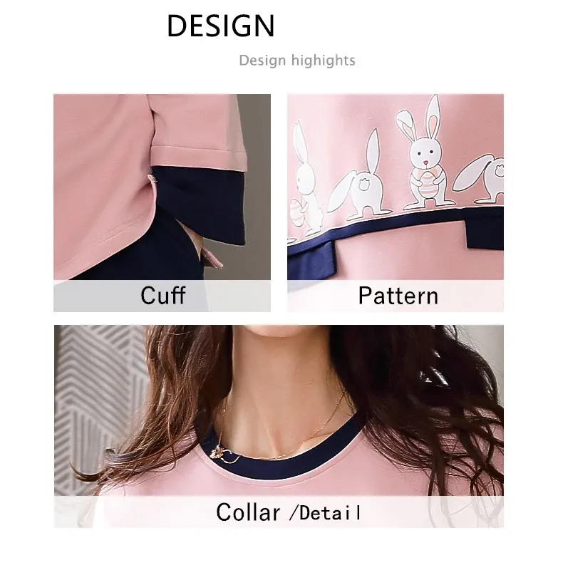 Пижамный комплект с милым принтом кролика Женская хлопковая одежда для сна