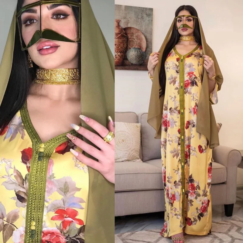 Hooded Kaftan Dress for Women Fashion Ethnic Hand Stitch Diamond Ribbon Trim Moroccan Dubai Turkey Arabic Clothes Eid