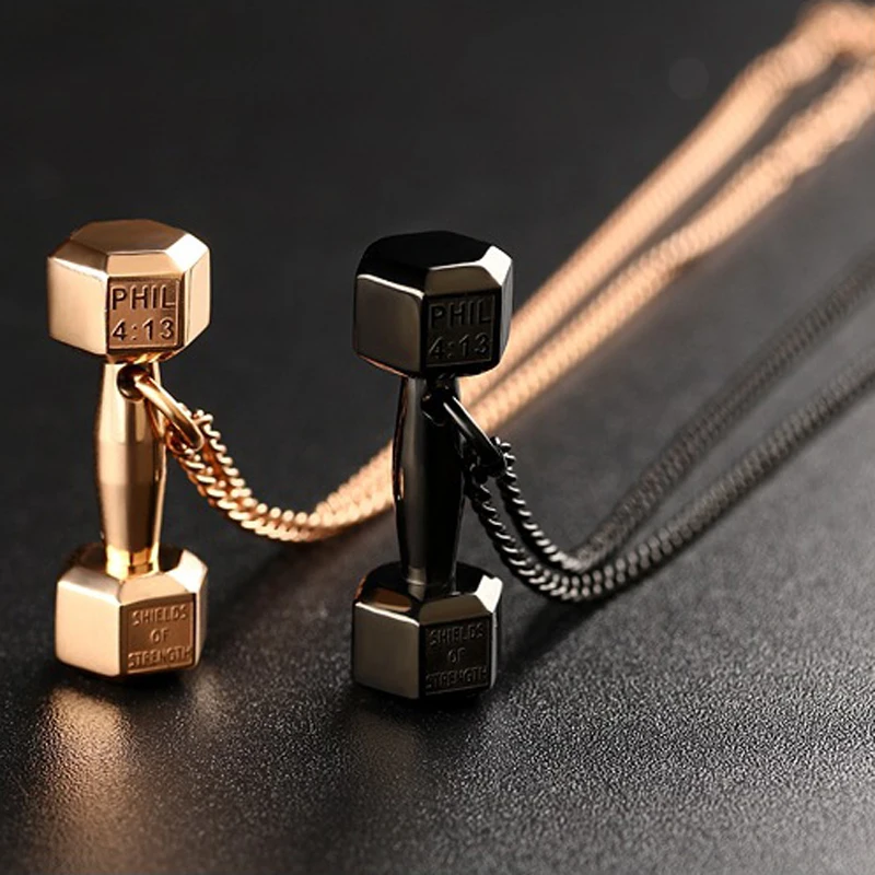 New Gym Dumbbell Pendant Necklace Gold Silver Color Bodybuilding Women Men Sports Barbell Gift Mens Jewellery | Украшения и