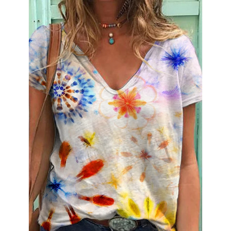 

Женская футболка с цветочным принтом, летняя, сексуальная, с V-образным вырезом и коротким рукавом, 2021, 3Xl, повседневная, в стиле Харадзюку, мо...