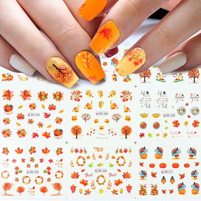 Q1QD 1 Sheet Fall Autumn Maple Leaf Pumpkin Pattern Nail Art Stickers Thanksgiving Harvest Holiday Water Transfer Decals DIY