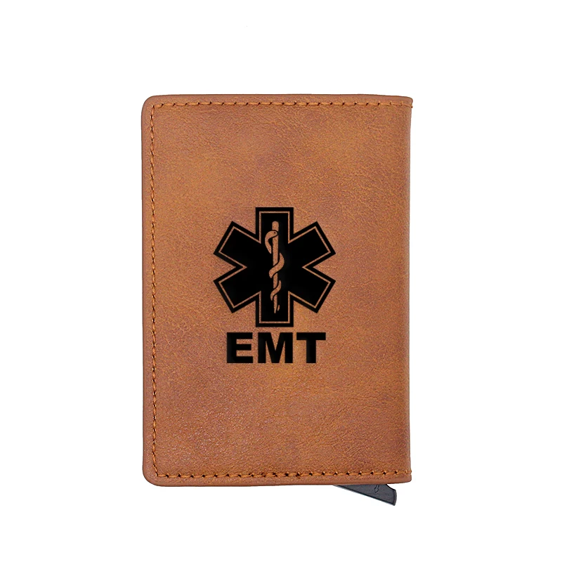 

Classic Emergency Medical Service Carve Card Holder Wallets Men Rfid Trifold Leather Slim Mini Small Money Bag Male Purses