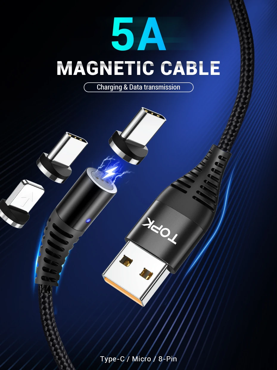 Магнитный usb-кабель TOPK 5A для iPhone, Xiaomi, huawei, Micro USB type C, кабель для быстрой зарядки и передачи данных type-C, кабель для мобильного телефона
