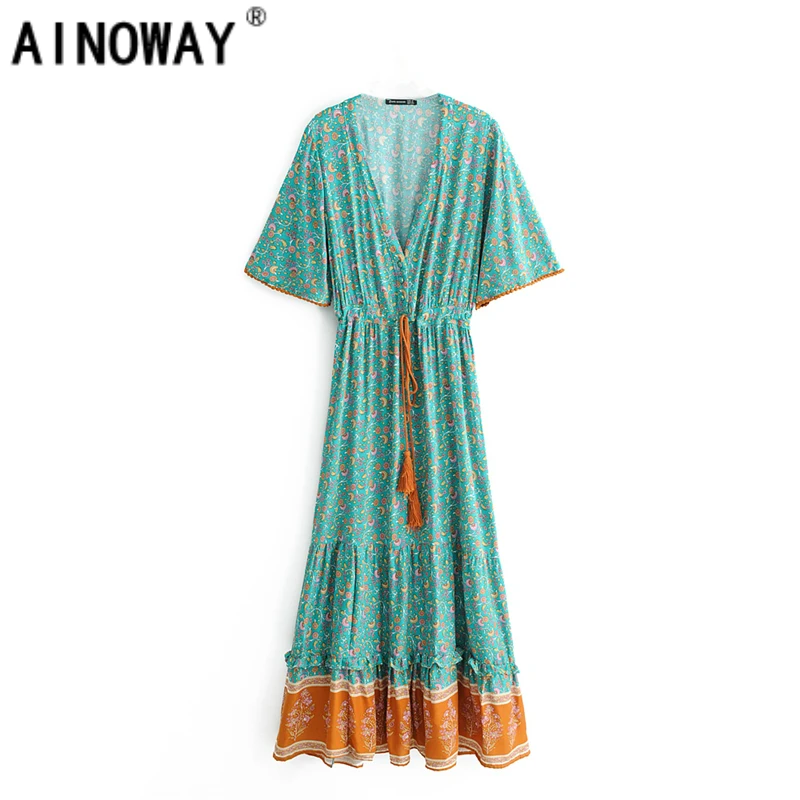 Винтажное шикарное модное женское платье макси из вискозы с цветочным принтом и V