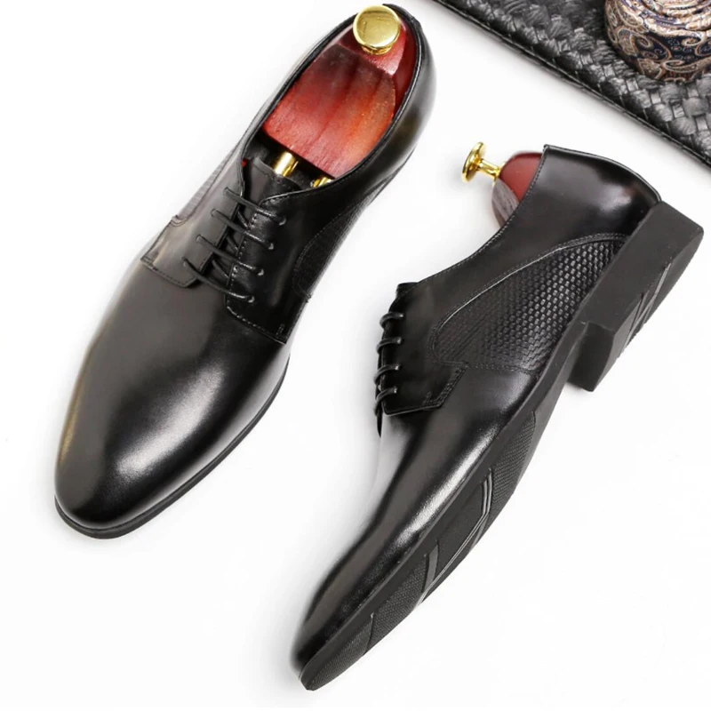 

Classic Man Formal Dress Office Shoes Genuine Leather Pattern Welted Oxfords Pointed Toe Laces Men's Party Flats SS582