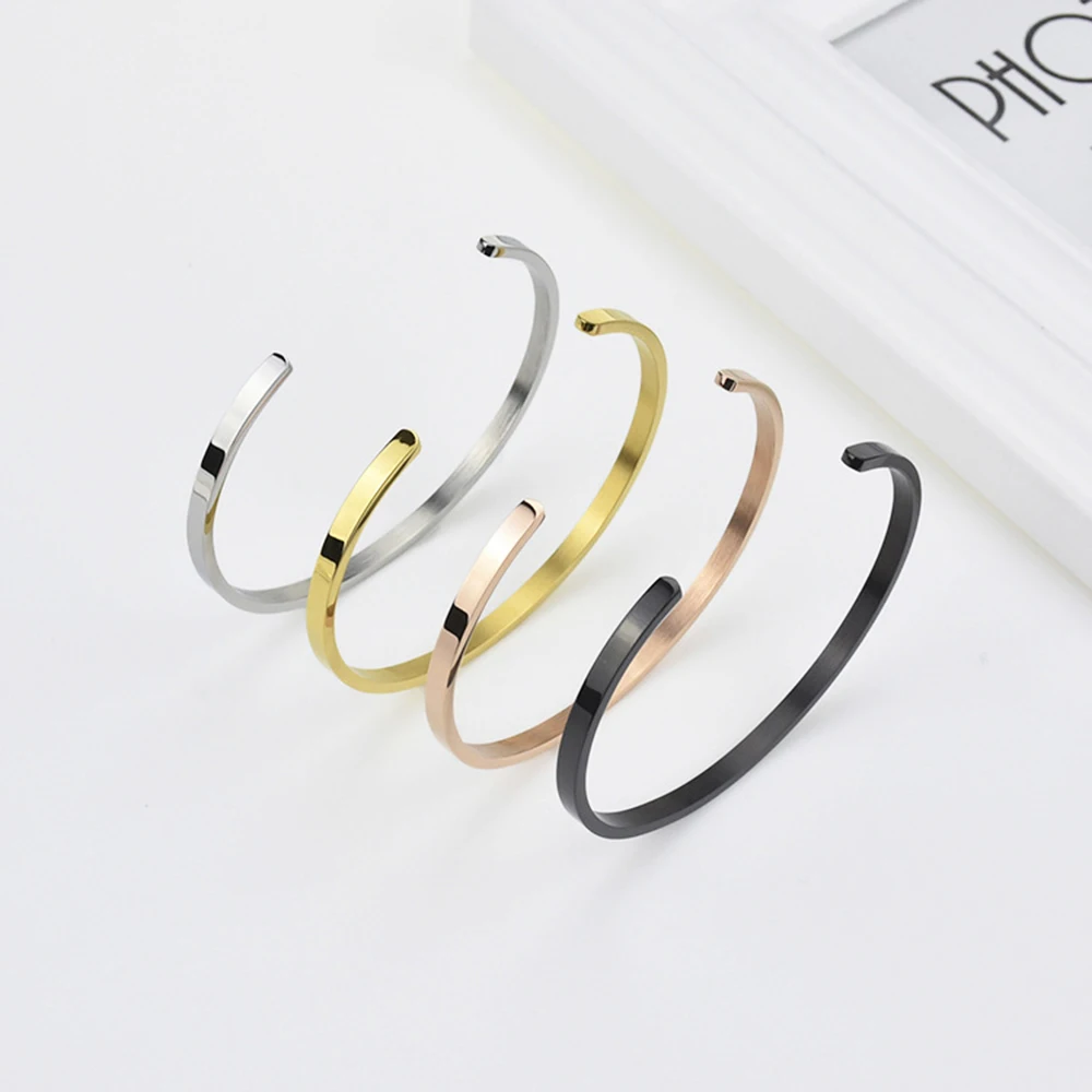 

Delicate 4mm Thin Open Cuff Bangles Stainless Steel Smooth Gold Black Rose Gold Men Women Stackable Bracelet Jewelry