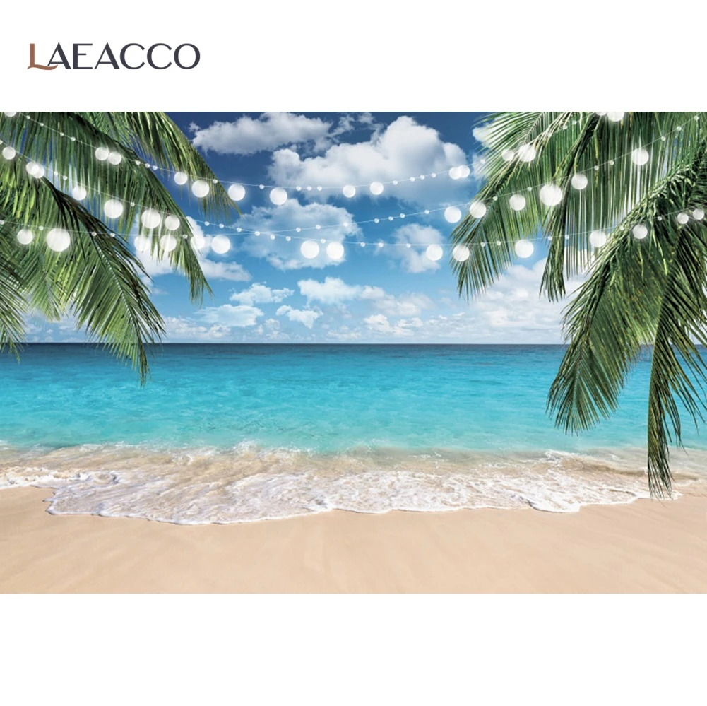 Laeacco Summer Tropical Palms Tree Sea Beach Photography Backdrops Blue Sky Light Bulb Children Holiday Background Photo Studio