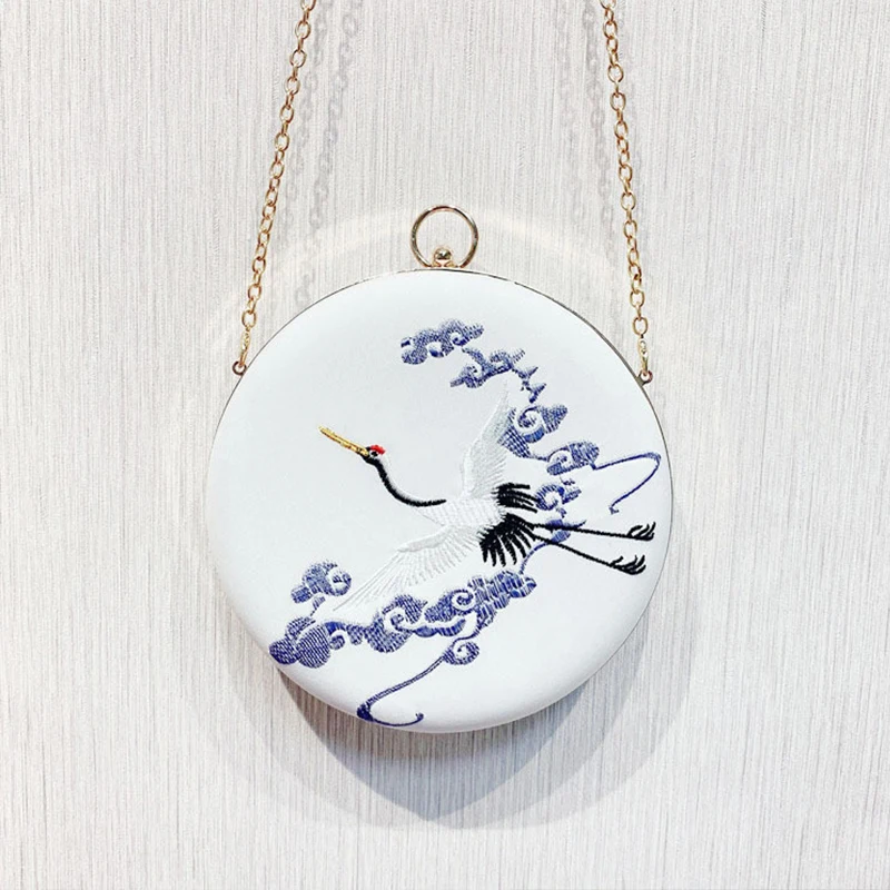 

Women Round Clutch Evening Bag Vintage Handbag Embroidery Clutch Purse Wedding Party Shoulder Bag Small Messenger Bag ZD1412