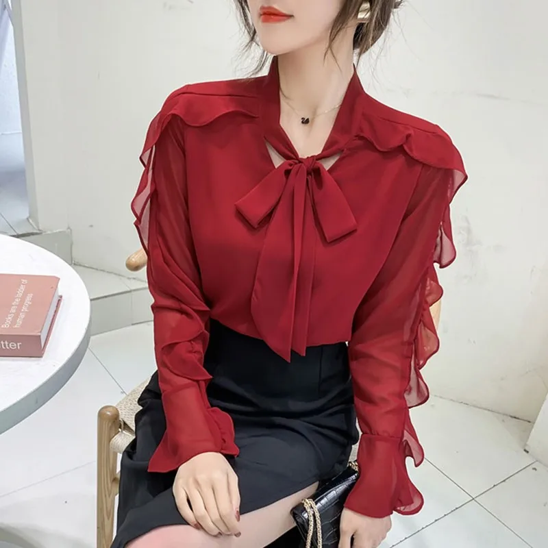 

Women Elegant Chiffon Blouses New Arrival 2021 Spring Korean Style Ruffles All-match Ladies Long Sleeve Casual Tops Shirts W135