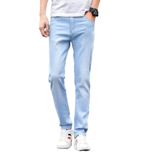 Маленькие эластичные небесно-голубые Стрейчевые джинсы для мужчин 28-33 34 36 подростковые модные мужские брюки из денима тонкие элегантные удобные ковбойские брюки