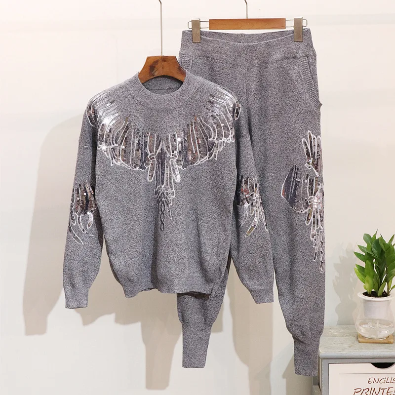 

BabYoung Autumn New Suit Women's Embroidery Sequin Long Sleeve Sweater Casual Pants Fashion Suit Women's Fashion Dress